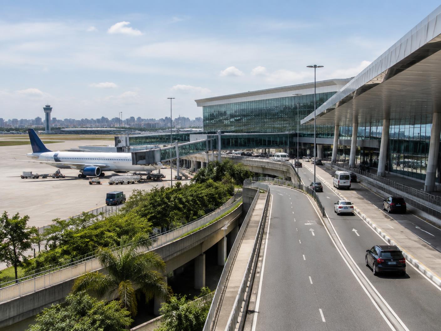 Terminal do Aeroporto de Guarulhos com avião estacionado, vias de acesso e torre de controle ao fundo