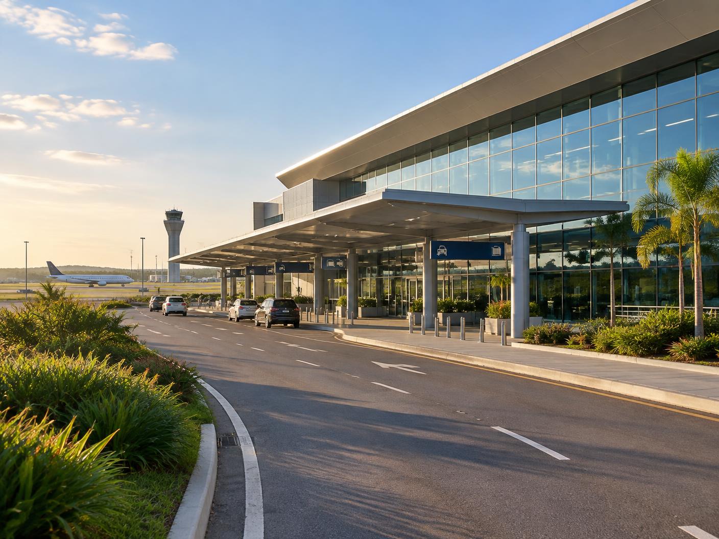 Fachada envidraçada e área de embarque do Aeroporto de Viracopos, com torre de controle e avião ao fundo