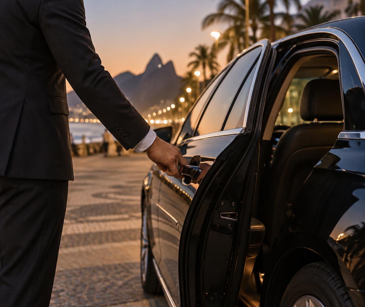 Motorista particular uniformizado abrindo a porta traseira de um carro executivo ao entardecer.