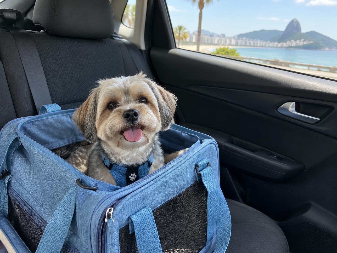 Cão de pequeno porte acomodado em bolsa de transporte no banco traseiro de um carro